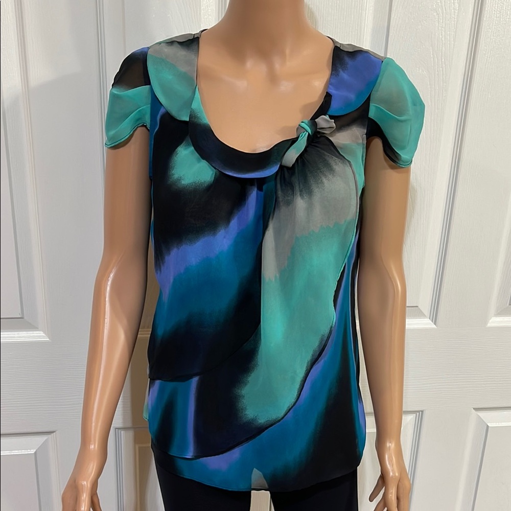 Worthington Blue Asymmetrical Tie Front Cap Sleeve Blouse